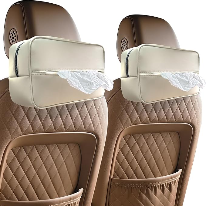 Large Car Tissue Holder for 120 Standard Tissues, Premium PU Leather Tissue Holder in Car Backseat Rectangular, Napkin Holder for Car Fits for Kleenex Tissues Box Daily Use Black (2, Beige)