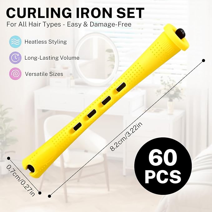 60 Pcs Perm Rods for Long Hair, Cold Wave Perm Rods Set for Women's Long & Short Plastic Curling Rollers for Hair Curling and DIY Hairdressing Styling Tool（0.28 x 3.22 inches）