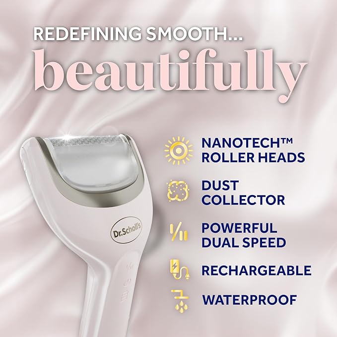 Dr. Scholl's Pedi Perfect Electric Foot Callus Remover, Waterproof, Rechargeable with x2 Roller Heads, Removes Hard Skin for Soft Beautiful Feet, 90 Minute Run Time, Dust Catcher, Pedicure Tools