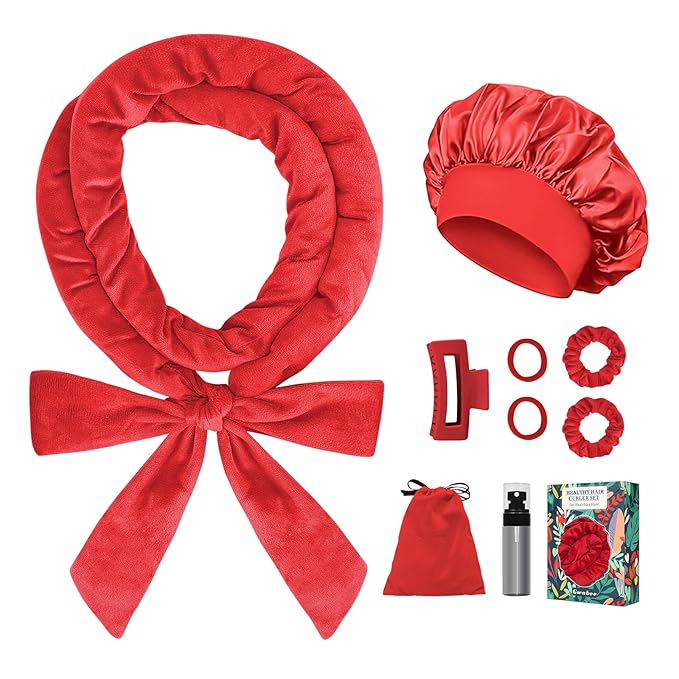 Heatless Curls Overnight Hair Curlers to Sleep In, 9 PCS Velvet Heatless Hair Curler Overnight Curls for Women Long medium Hair Volumes, Heatless Curling Waves Set with Sleep Bonnet - Red
