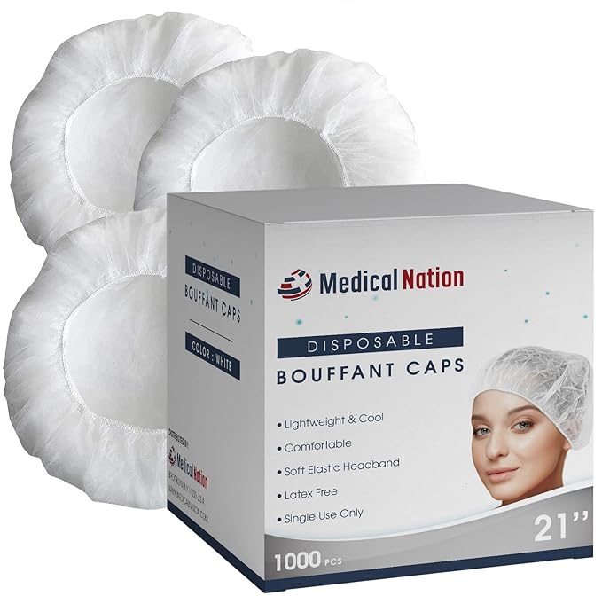 21" Disposable Bouffant Caps |CASE of 1000, White| Hairnets, Non-Woven, Non-Pleated Head Hair Covers |for Medical, Labs, Nurse, Tattoo, Food Service, Hospital, Cooking - Size 21" White