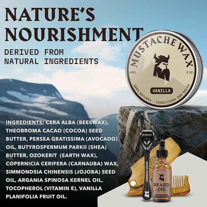 Striking Viking Mustache Wax Kit with Comb - 2 Oz, Vanilla - Strong Hold Mustache Grooming Kit for Men - Vanilla-Scented Wax & Comb Set