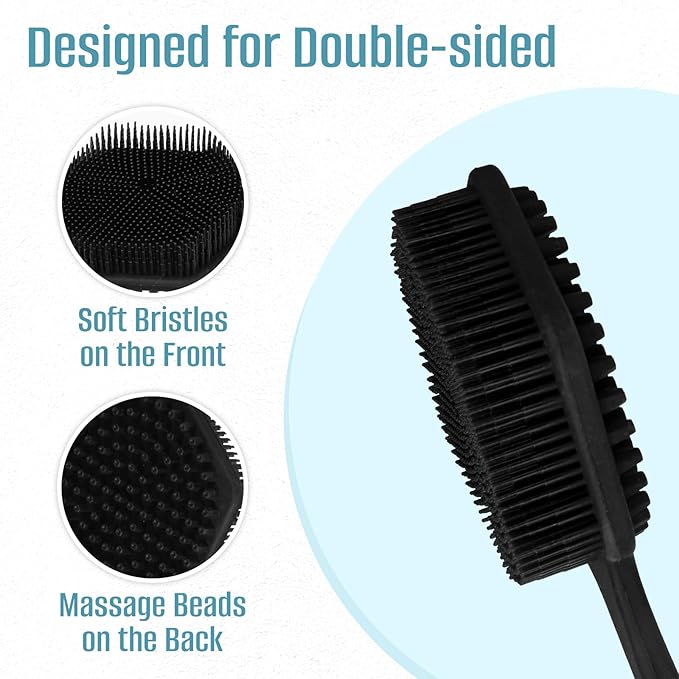 Back Scrubber for Shower - Long Handled Bath Brush, 15" Dual-Sided Silicone Bristles with Massage Beads, Silicone Body Brush for Skin Massage and Body Exfoliator,Non-Slip (2 Pack)