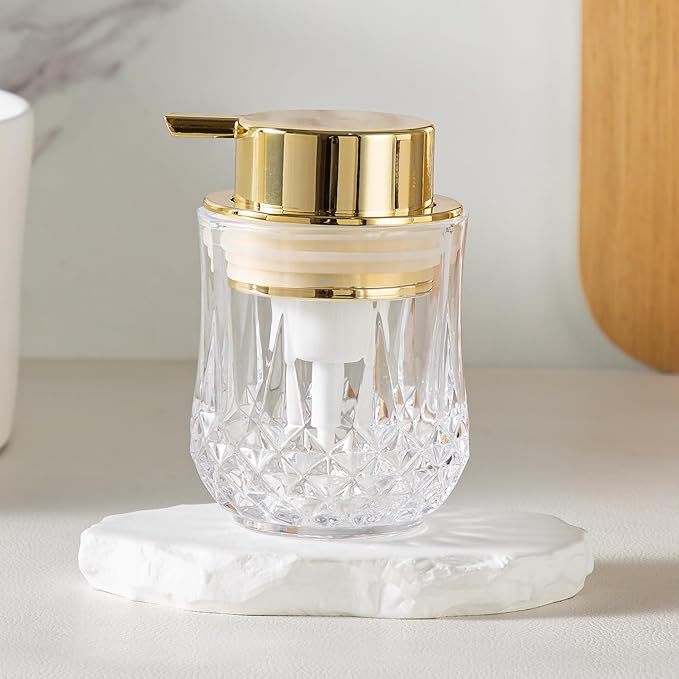 Glass Foam Soap Dispenser Set - 2 Pack Bathroom Hand Soap Dispensers,Refillable Dish Soap Dispenser for Gold Pump,Modern Home Soap Dispenser for Bathroom,Kitchen (Clear/Gold Poam Pump/2Pack)