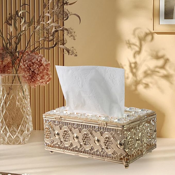 Geesatis Tissue Box Cover, Rectangle Tissue Box Holder, Rectangular Napkin Facial Tissues Holder for Bathroom Toilet Bedroom Living Room Table Desk Office Dresser, 1 Pcs Golden 7.8''x4.5''x3.4''