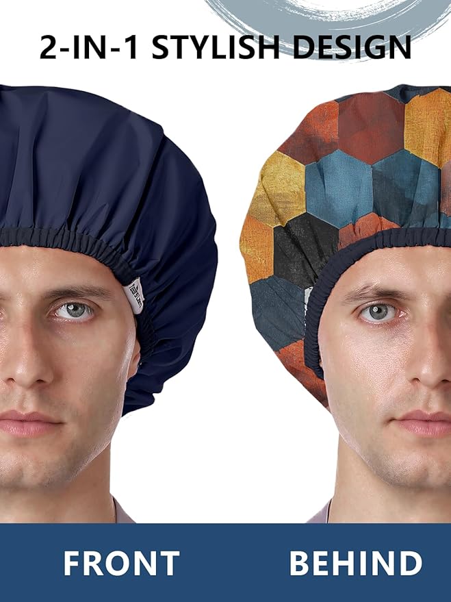 Years calm Men Shower Cap Reusable Waterproof, Dual-Layer Design, Double-Sided Use,Protects Hair in Shower, Spa,Travel & Cooking, Adjustable Elastic for Comfortable Fit (Colorful Geometric, One Size)