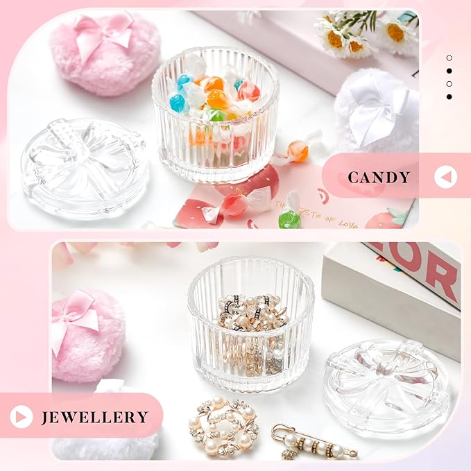 Tioncy 3 Pcs Large Body Powder Puff and Container Valentine's Day gift Powder Container with Puff Crystal Case Soft Washable Reusable Velour Face Body Glitter Wet Dry Makeup(Round Bow,Clear)