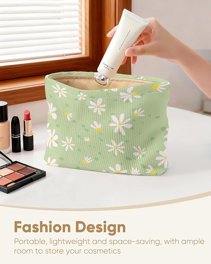 Cute Elegent Floral Flower Makeup Pouch for Women Small Make Up Bag for Purse Zipper Initial Makeup Cosmetic Bags Pouches for Purse Aesthetic Travel Toiletry Bags, Green Daisy
