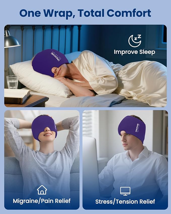 Upgraded Migraine Relief Cap, ONLYCARE Headache Relief Cap, Soothing Migraine Mask, Odorless Gel Ice Head Wrap, Hot & Cold Therapy, Reusable Ice Pack for Tension and Stress Purple