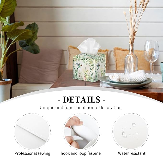 Green Leaves Hummingbird Spring Tissue Box Cover Watercolor Floral Square Leather Tissue Holder Decorative Facial Tissue Cube Paper Cover Case Organizer for Bathroom Night Stands Desk Home