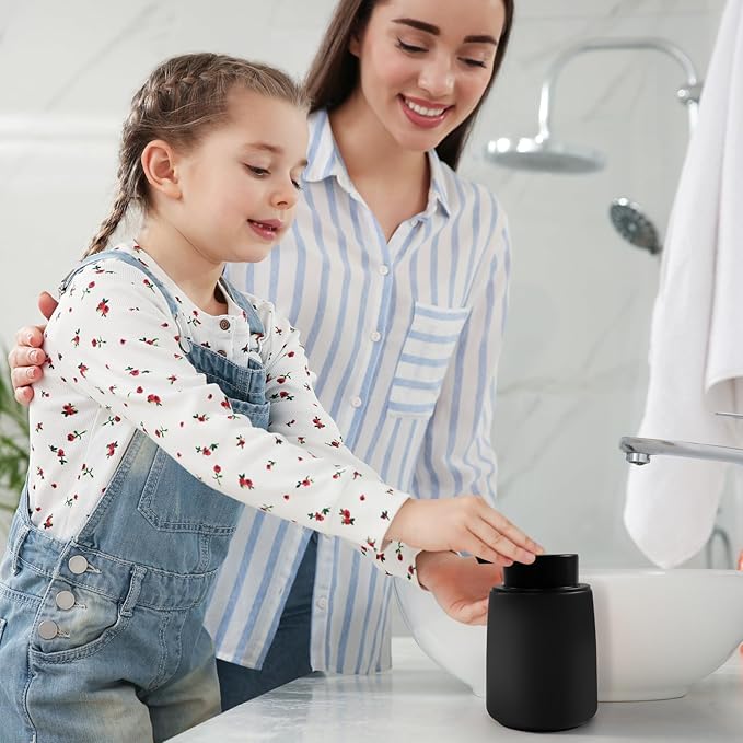 Ceramic Foam Soap Dispenser 2 Pack, 12oz Matte Black Lotion Hand Sanitizer Soap Dispenser with Easy-to-Press Pump for Bathroom & Kitchen Countertop Refillable