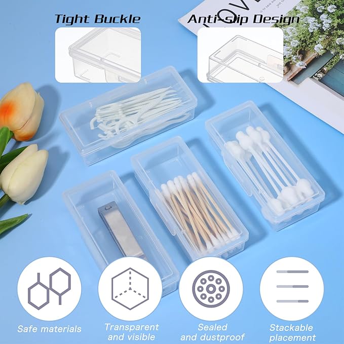 4 Pcs Cotton Swab Holder for Travel Portable Small Dental Floss Picks Case Clear Plastic Buds Storage Containers Box with Dustproof Lid for Ear Cosmetics Makeup Remover Nail Polish Remover