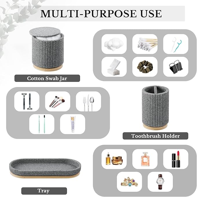7PCS Bathroom Accessories Set, with Soap Dispenser, Q-tip Holder, Toothbrush Holder, Tumbler, Soap Dish, Vanity Tray, Bathroom Set Complete Organizer Countertop for Modern Decor, Grey