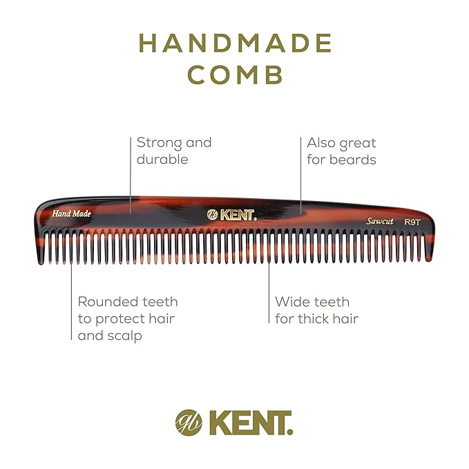 Kent R9T All Coarse Hair Detangling Comb Wide Teeth Dressing Table for Thick Curly Wavy Hair. Detangler Comb for Grooming and Styling, for Beard and Mustache, Handmade Saw-Cut and Polished