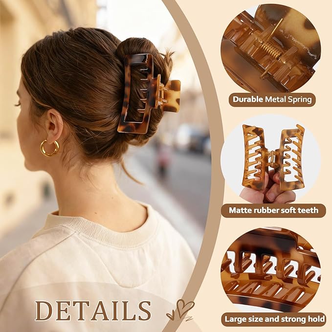 6 PCS 4.1 Inch Large Claw Clips for Thick Hair, Double Layer Teeth Tortoise Shell Rectangle Hair Clips for Hat,Strong Hold Square Big Claw Clip Non Slip Baseball Jaw Clips Hair Accessories