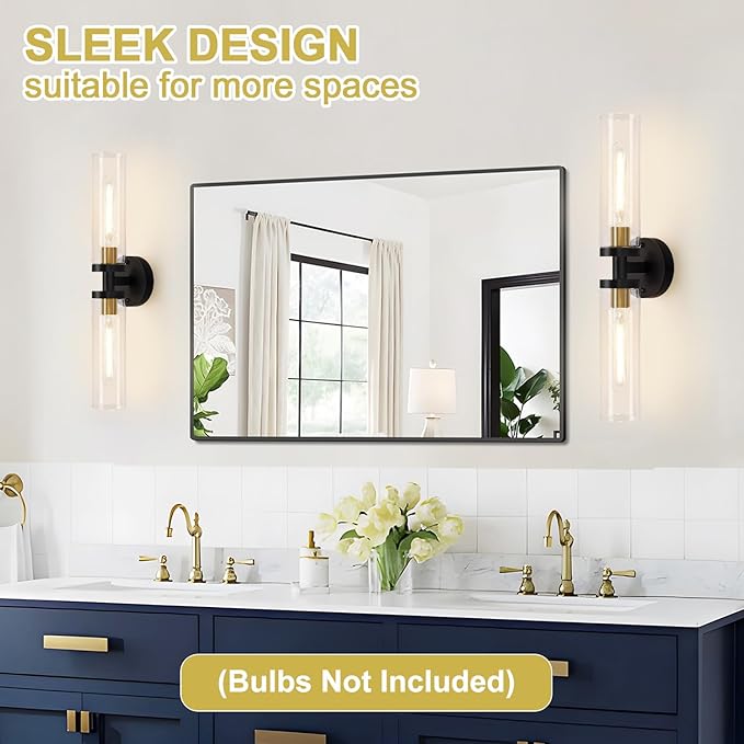 Wall Sconces Set of Two, 22" Black and Gold Bathroom Sconces with Clear Glass, Hardwired Modern Sconces Wall Decor Set of 2 Wall Light fixtures for Bathroom Mirror Living Room Hallway Bedroom