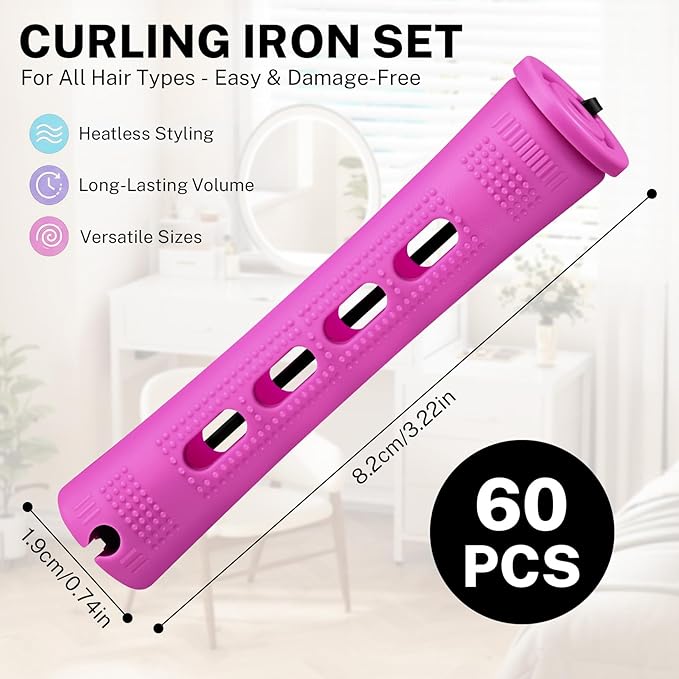 60 Pcs Perm Rods for Long Hair, Cold Wave Perm Rods Set for Women's Long & Short Plastic Curling Rollers for Hair Curling and DIY Hairdressing Styling Tool（0.75 x 3.22 inches）
