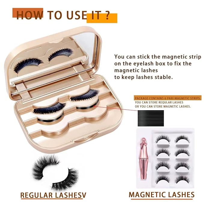 False Eyelash Storage Case with Mirror Lash Organizer Holder Box Empty Makeup Cosmetic Travel Case and Eyelash Tweezers Lash Container (Gold)