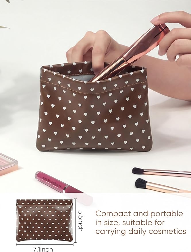 Hearts Leather Makeup Pouch Set for Women Small Make Up Bag for Purse Waterproof Initial Makeup Cosmetic Bags Pouches for Purse Aesthetic Travel Toiletry Bag,Coffee