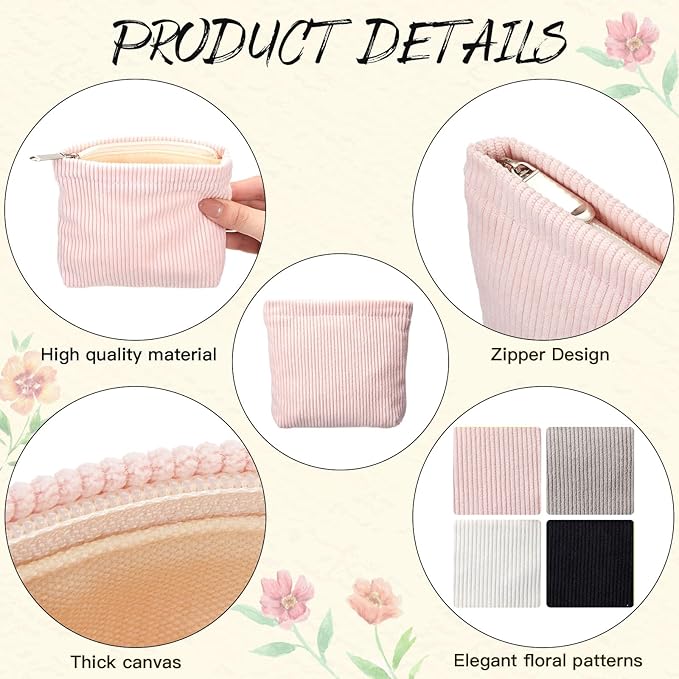 Abbylike 4 Pcs Small Makeup Bag Corduroy Cosmetic Pouch with Zipper Portable Little Bags for Purse Mini Pouch Cute Makeup Purse for Coin Essentials Items Women(Simple)