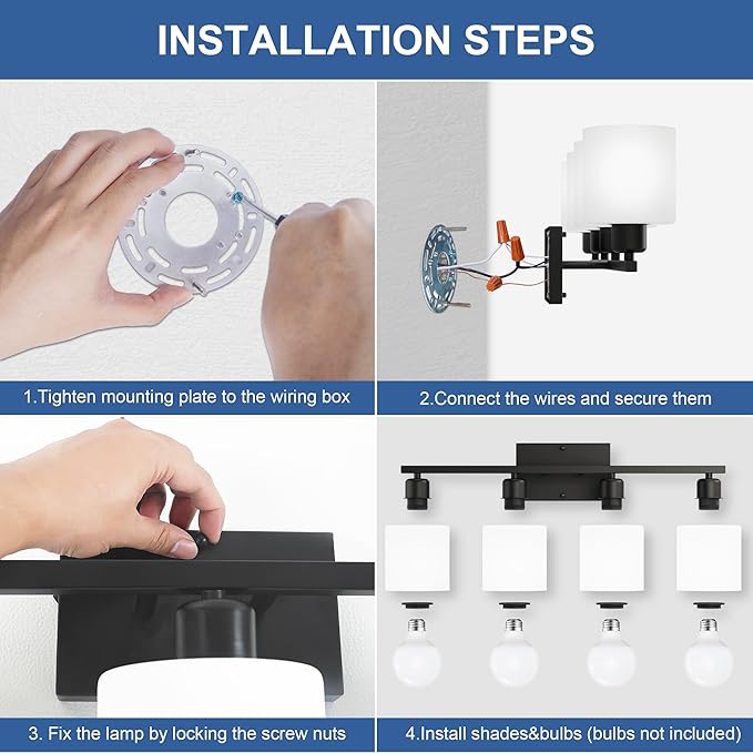 Black Vanity Lights for Bathroom, Anti-rust 4-Light Bathroom Light Fixtures Over Mirror, Modern 24Inches Wall Sconces, Eye-caring Milky White Glass Shades, Standard E26 Base, Bulbs Not Included