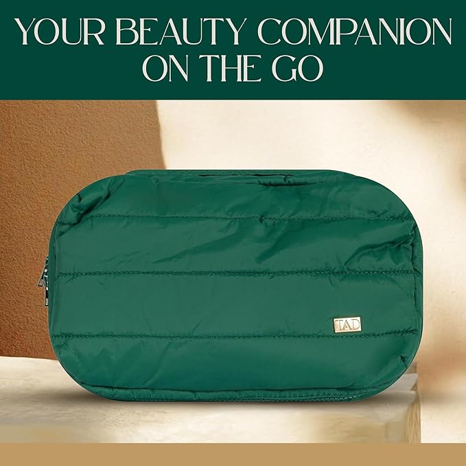 TAD Beauty Makeup Bag Organizer - Puffy Travel Cosmetic Pouch for Women & Teens - Toiletry Case with Zippered Mesh Pocket, Large Capacity Lash Tool Storage, Soft Holder for Skincare Essentials - Green