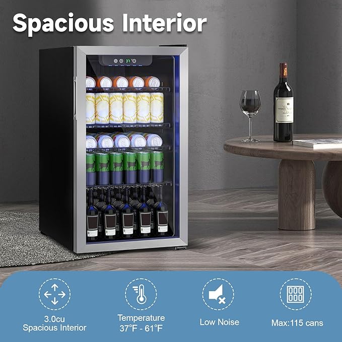 Compact Beverage Refrigerator Cooler, 105 Can/3.0 Cubic Feet Mini Fridge with Glass Front Door, Digital Display Small Refrigerator with Adjustable Shelves for Soda, Beer or Wine
