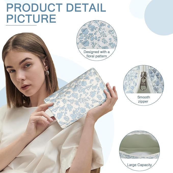 Floral Makeup Bag, Cute Cosmetic Bag for Women Girls, Quilted Cotton Make up Pouch, Travel Makeup Bags, Portable Storage Toiletry Organizer Bag(Blue Floral)
