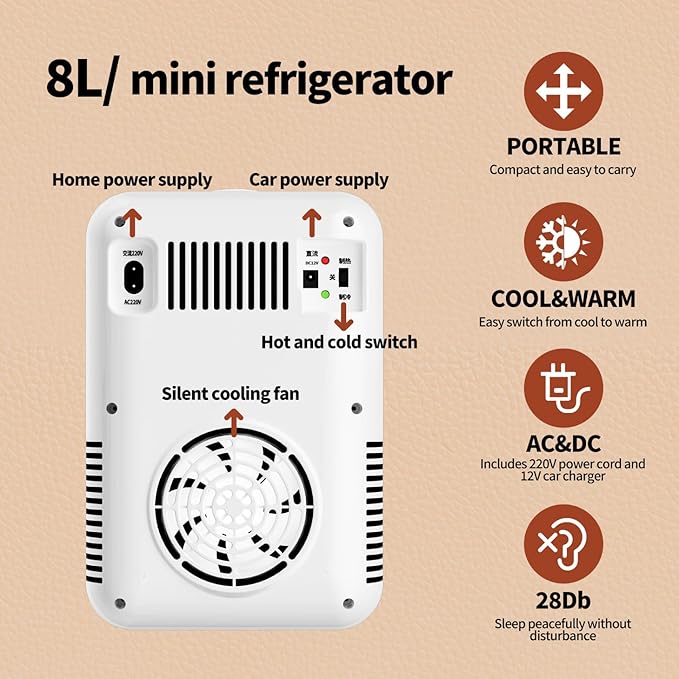 8L Portable Mini Fridge Cool and Warm Dual Function Compact Refrigerator 0-10°C Cooling Up to 65°C Heating Ultra Quiet 28dB AC DC Power for Skincare Drinks Snacks Home Dorm Car Use