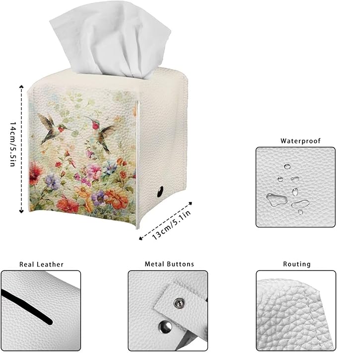 Bird Flowers Luxury Tissue Box Cover, Elegant PU Leather Square Tissue Case with Metal Button, Waterproof and Dustproof Napkin Holder for Home Decoration, Office, and Car Accessories