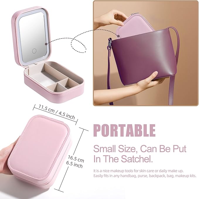 BS-MALL Travel Cosmetic Mirror Case LED Makeup Mirror Storage Case for Eyelash Station Brushes Cosmetic Tools Pink On-the-go Makeup Needs (Pink)