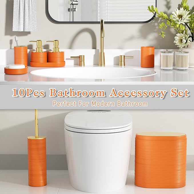 Bathroom Set, 10PC Bathroom Accessory Set, Orange Bathroom Accessories, Orange and Gold Bathroom Set with Trash Can, Soap Dispensers