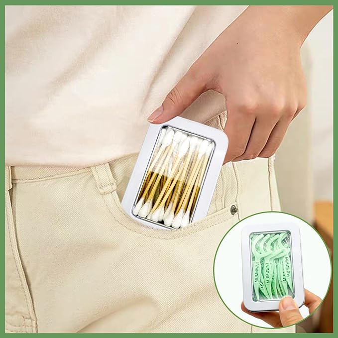 Cotton Swab Holder for Travel, 2 Pcs Portable Small Dental Floss Holder Empty Metal Cotton Ball Holder, Travel Floss Picks Case with Dustproof Lid for Cotton Swabs Hair Ties Floss, White