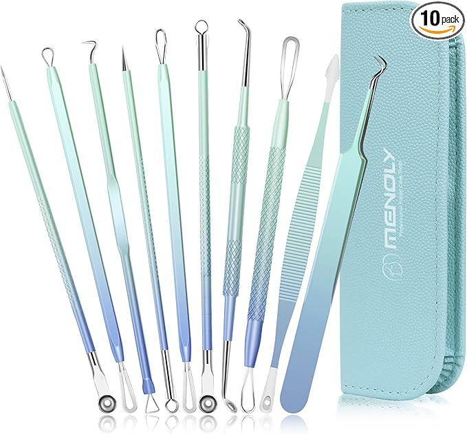Blackhead Remover Tools MENOLY 10Pcs Pimple Popper Tool Kit, Blackhead Remover Extractor Tools, Pimple Comedone Extractor Acne Kit for Blackhead,Blemish,Zit Whitehead with Leather Bag