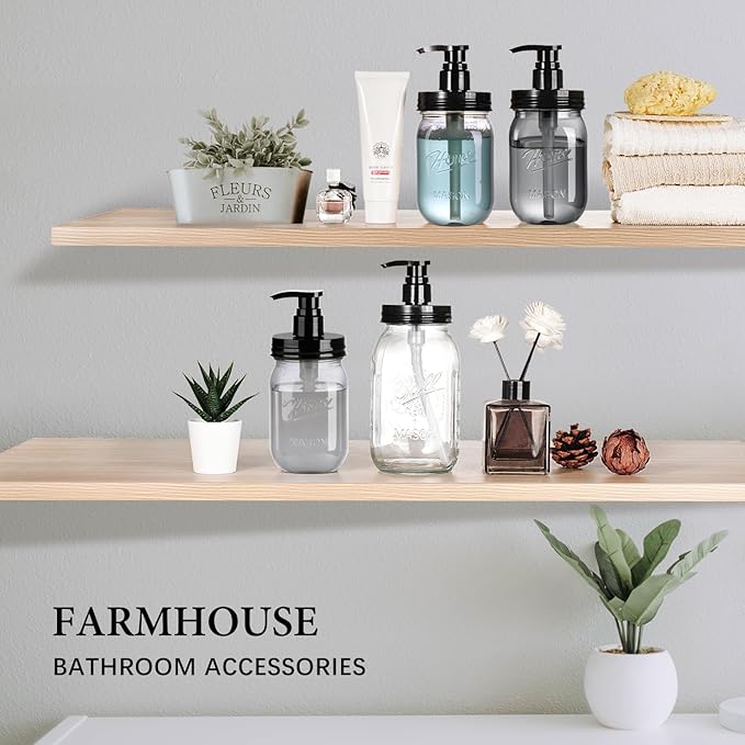 Amolliar Plastic Mason Jar Soap Dispenser with Pump Lid,16OZ Refillable Hand Soap Dispenser Set with Cute Lables, Farmhouse Decor for Kitchen Bathroom, Liquid Soap, Dish Soap (2 Pack, Black)