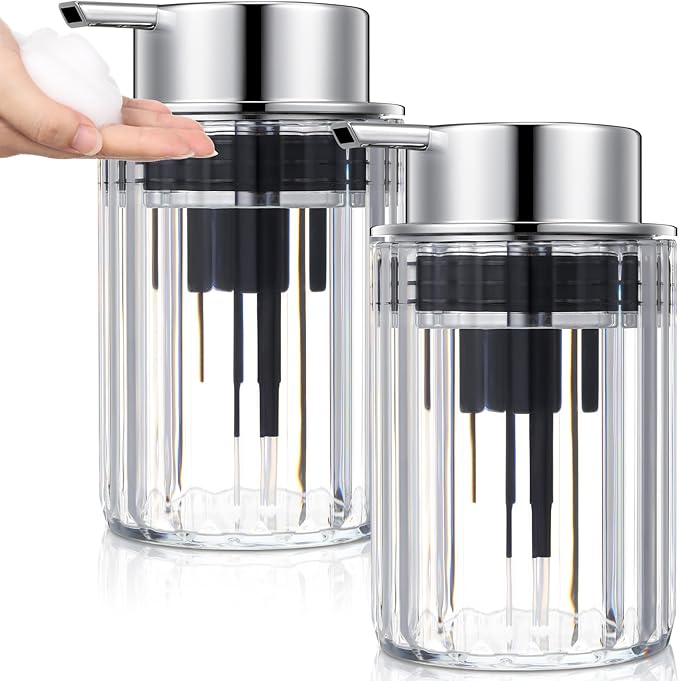 2 Pcs Refillable Clear Foaming Hand Soap Dispenser 10 oz Plastic Dispenser Pump Lotion Foaming with Silver Pump for Bathroom Vanities Kitchen