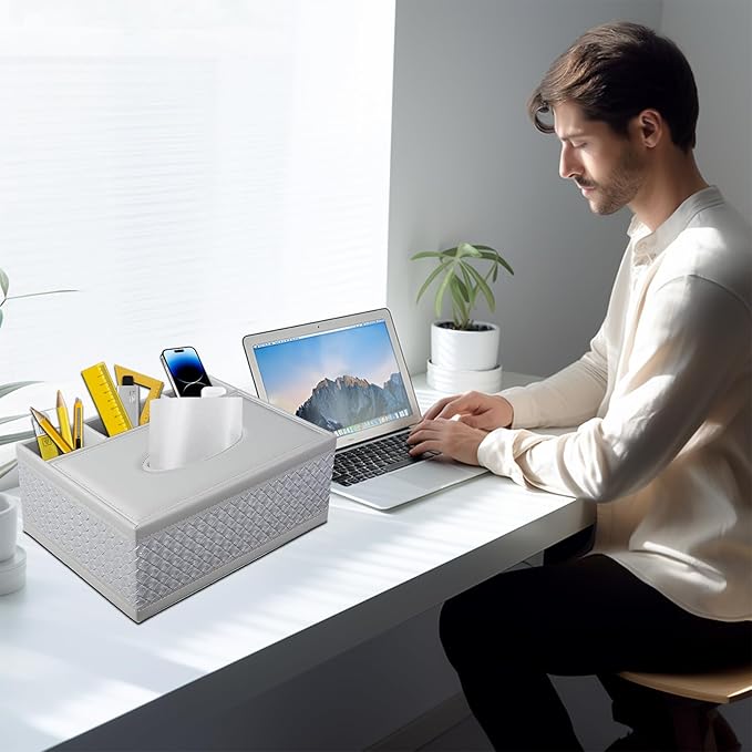Tissue Box Cover Rectangle White Kleenex Box Holder PU Leather Facial Tissue Organizer,Multifunctional Remote Control Stationery Storage Box,Home Office Supplies Car Napkin Caddy