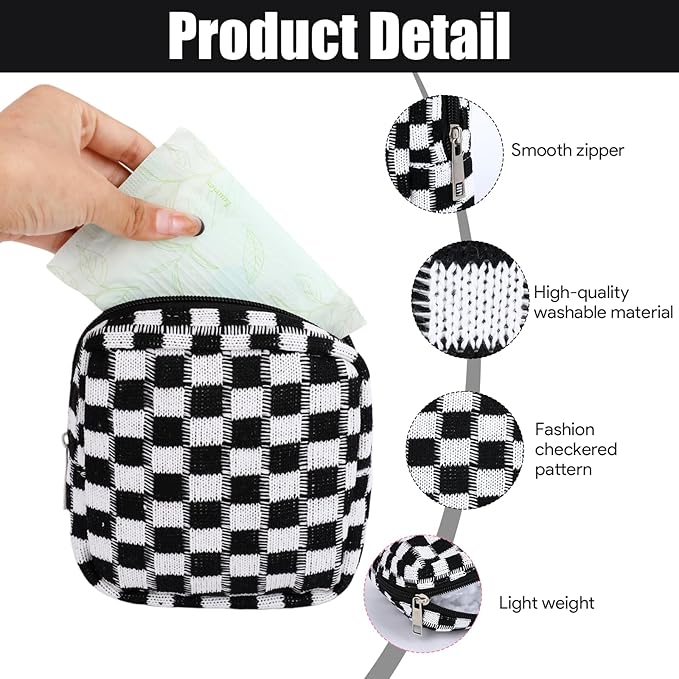 2 Pcs Sanitary Napkin Storage Bag, Zipper Checkered Sanitary Pouch Period Bags, Portable Tampon Pad Pouch Pad Bag for Women Travel Daily, Reusable Period Bag for Teen Girls for School Women Black