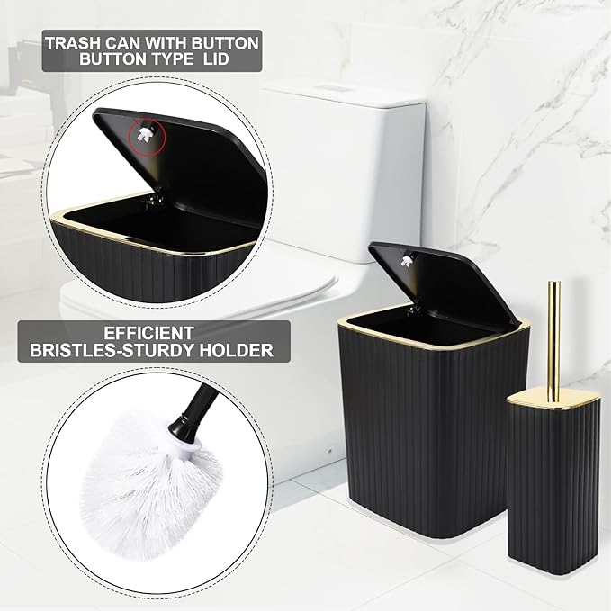 Bathroom Set with Shower Curtain and Rugs- 25PC Bathroom Accessory Set, Black Shower Curtain Set, Toilet Brush, Trash Can, Qtip Holder & Soap Dispenser