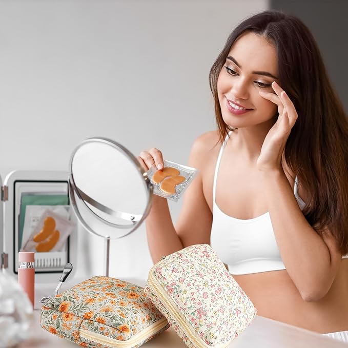 Paterr 4 Pcs Mini Quilted Floral Makeup Bag Women Gifts Small Cosmetic Bag Floral Quilted Makeup Pouch with Zipper Cute Travel Toiletry for Mom Teacher Women Girls Gifts(Pink, Orange Flower)