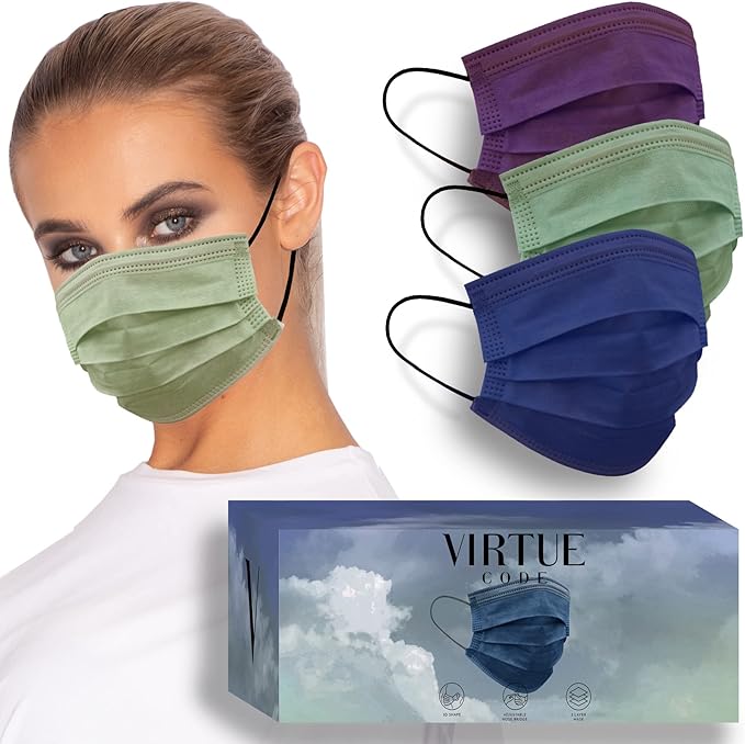 VIRTUE CODE Support Face Masks - Soft 3 Ply Comfort Colorful Disposable Face Mask 50 Pack. Blue Purple Green Colored Masks. Adults Mens and Womens Disposable