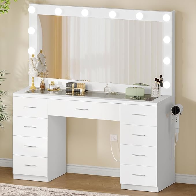 Quimoo Vanity Desk with Glass Top & Large Lights Mirror, 3 Adjustable Lighting Color, 46" Makeup Vanity Desk with 9 Drawers and 12 LED Lights, Vanity Table, Dressing Table for Bedroom(White)