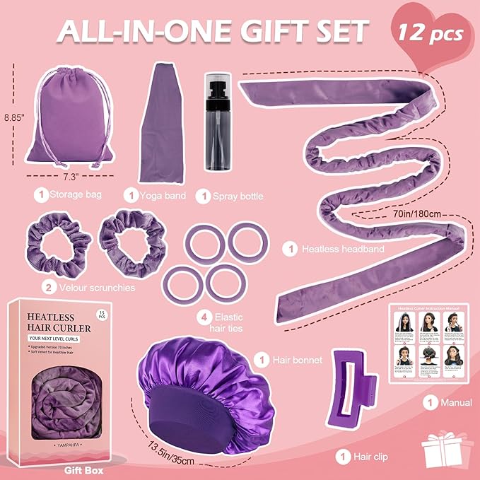 Heatless Curls Overnight Headband, 70'' No Heat Hair Curlers with Hair Bonnet for Sleeping, Light Purple