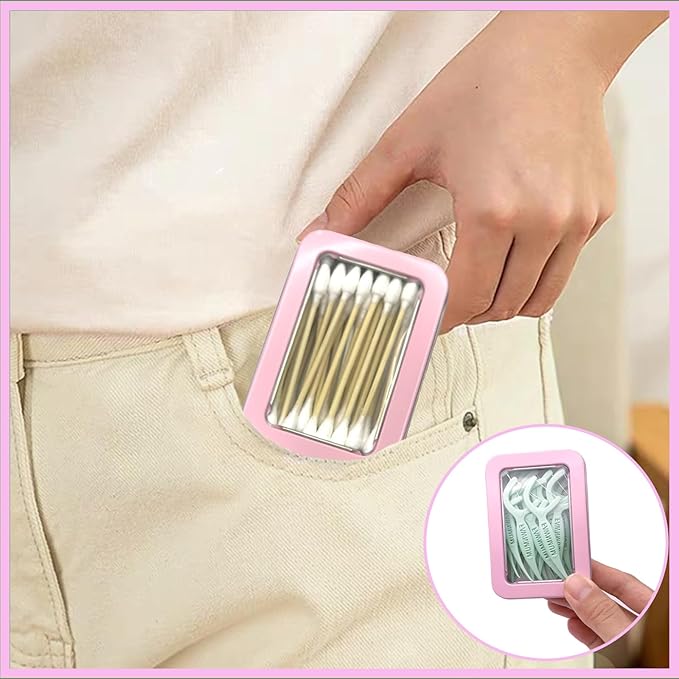 Cotton Swab Holder for Travel, 2 Pcs Portable Small Dental Floss Holder Empty Metal Cotton Ball Holder, Travel Floss Picks Case with Dustproof Lid for Cotton Swabs Hair Ties Floss, Pink