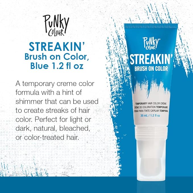 Punky Colour Streakin' Brush on Color Blue, Temporary Hair Color Creme, Instant, DIY Hairstyle, Vibrant, Soft Hold, Men Women Kids, Easy-Squeeze Tube, 1.2 fl oz