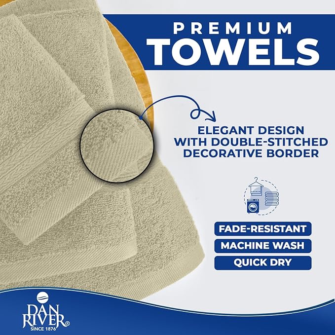 DAN RIVER 8 PC Luxury Bath Towels for Bathroom, 2 Bath, 2 Hand, and 4 Wash Cloths, 600 GSM 100% Ring Spun Cotton Towel Set, Highly Absorbent, Gym, Hotel, and Spa, Beige