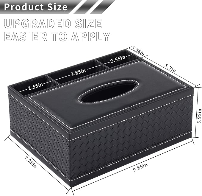PU Leather Rectangular Tissue Box Cover - Multifunctional Tissue Box Holder with Stationery Remote Control Box, Decorative Tissue Pen Remote Organizer for Home/Office/Restaurant