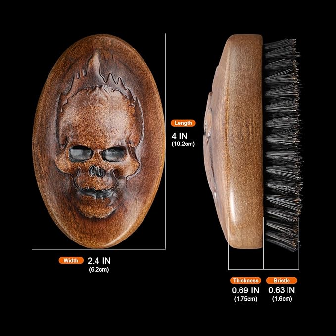 Eagle Fortress Boar Bristle Hair Brush for Men Hair Care - Beard Brush, Mustache Brush with Skull on Wooden Handle, Grooming & Styling Tool for Men, Travel Size
