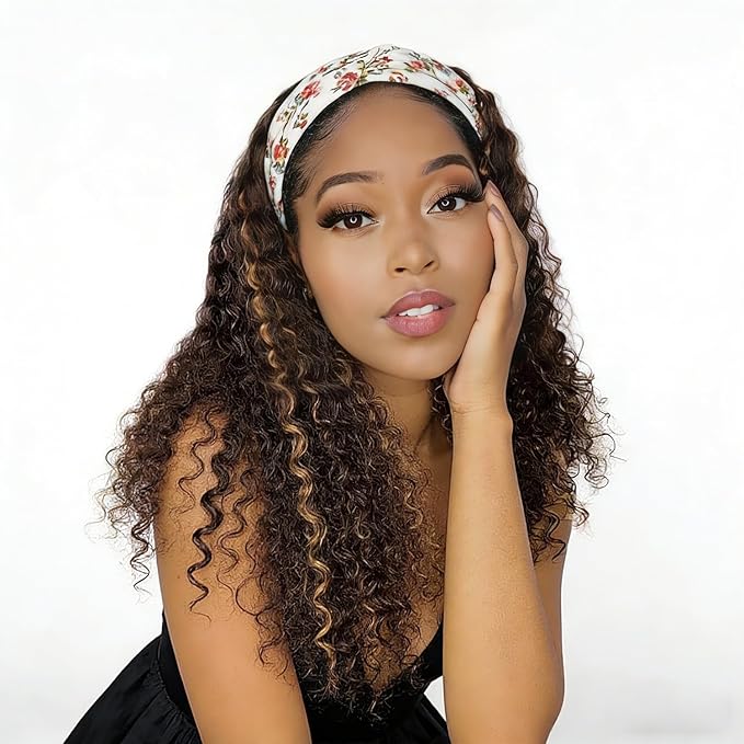 XSY Deep Wave Headband Wig Human Hair Highlight Ombre Headband Wigs for Black Women Curly Headband Wig 4/27# 150% Density 14 Inch
