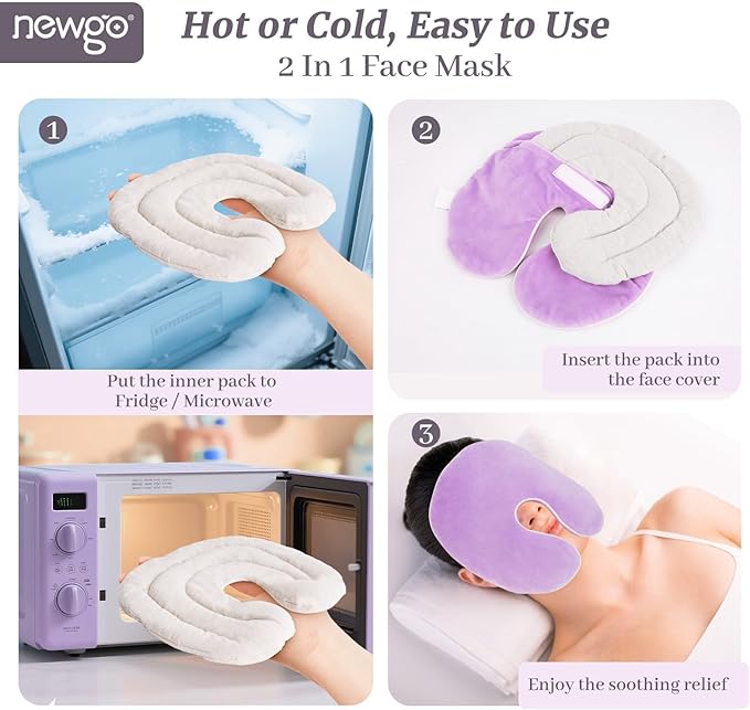 NEWGO Face Heating Pad Sinus Relief Mask, Moist Heat Face Mask Microwavable, Warm Compress for Sinus Pressure Relief, Migraine, Tension Headache Relief - Purple